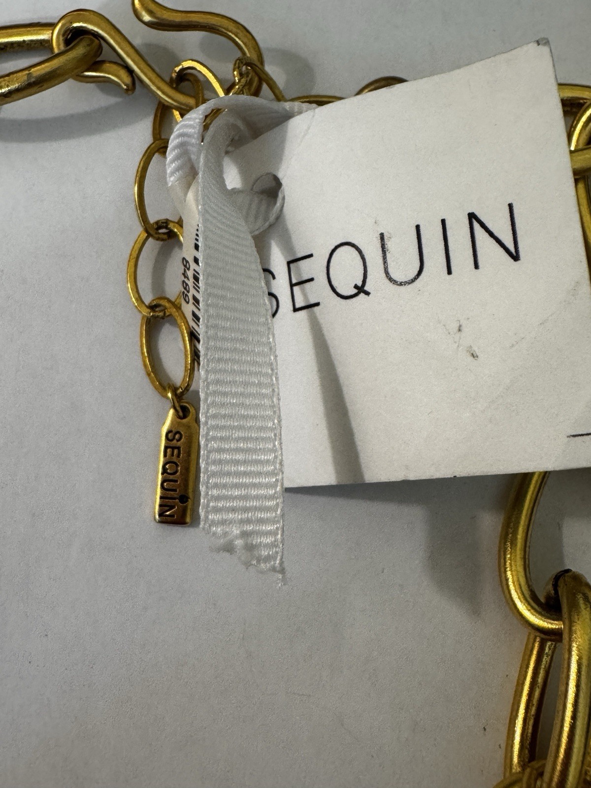 Sequin Gold Tone Link Chain Crystal Charm Necklace Mother of Pearl Shell Disc