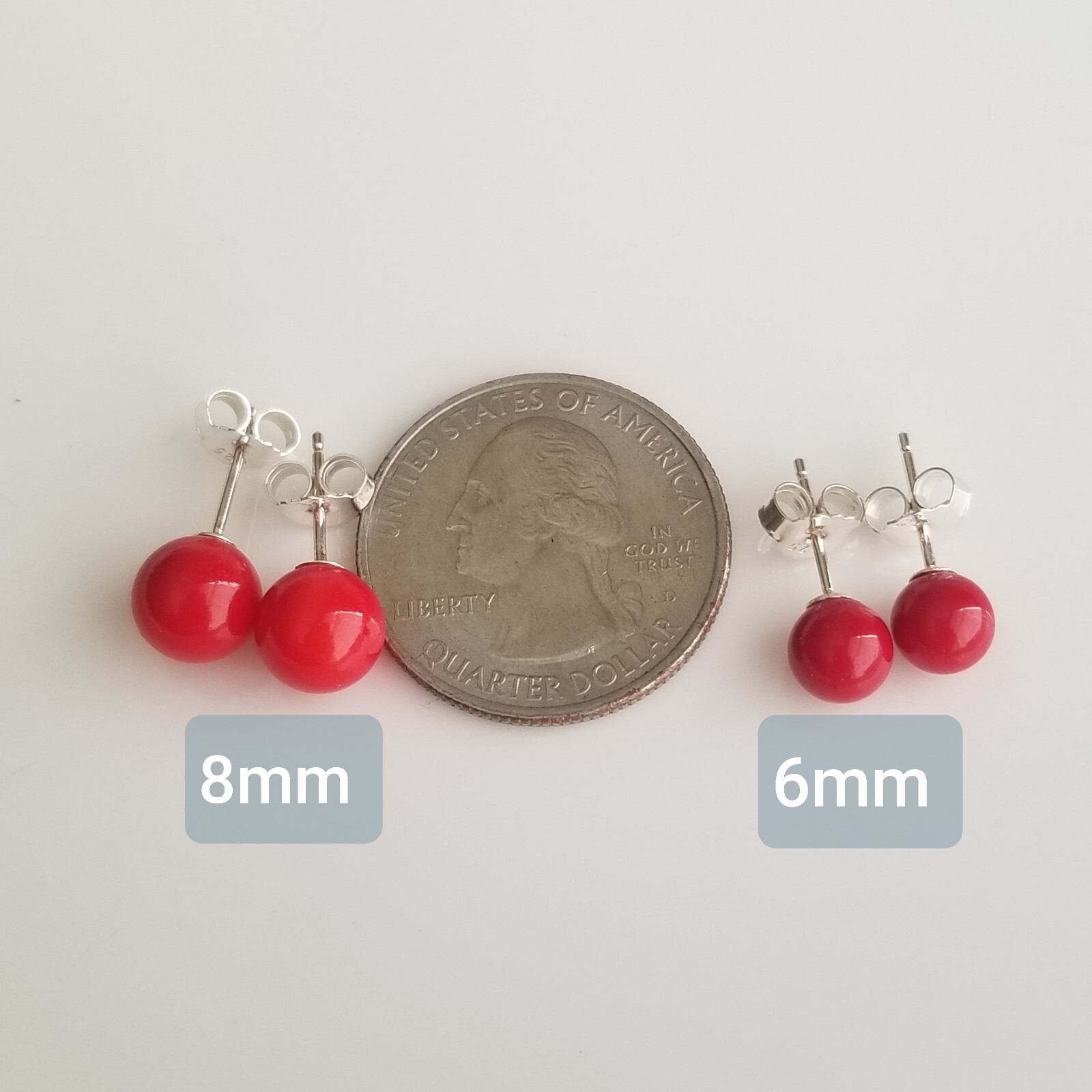 Natural Bamboo Red Coral 6mm Round Ball Stud Earrings Solid 925 Sterling Sliver