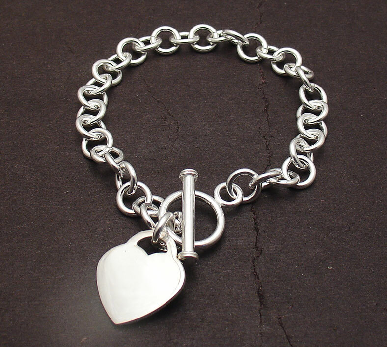 Solid Engravable Heart Tag Bracelet with Toggle Clasp Real 925 Sterling Silver