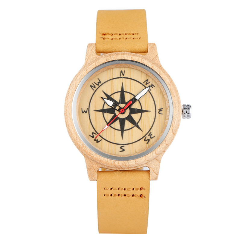 Antique Compass Dial Nature Wood Men Women Quartz Analog Watch Leather Band