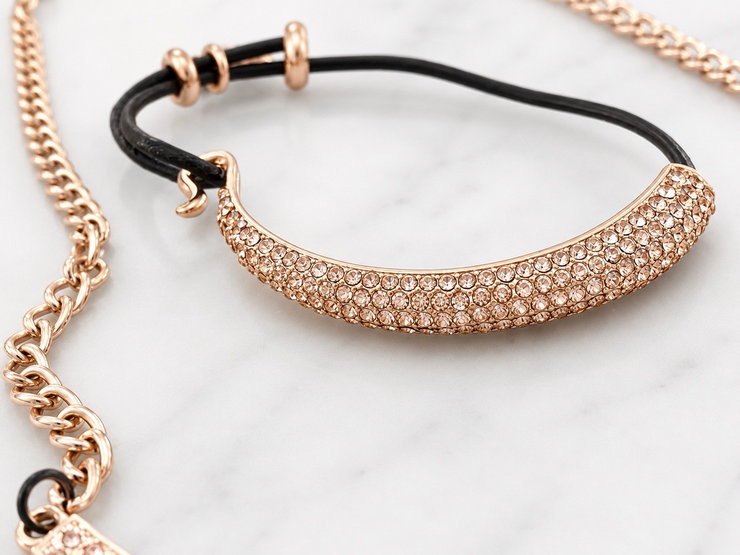 Rose Gold Plated Crystal Necklace & Bracelet Set, Engraved Adjustable, Black