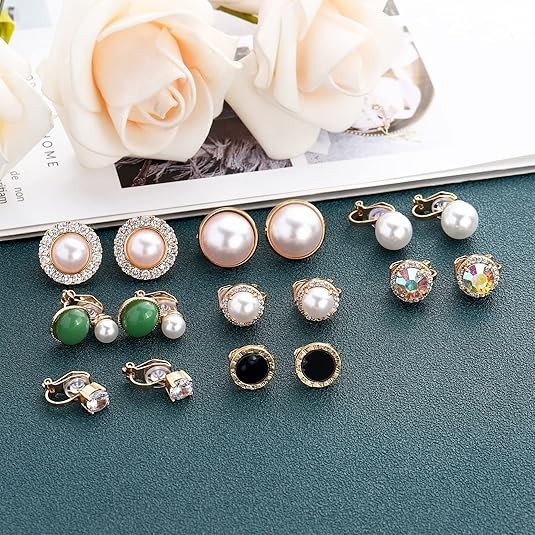 12 Pairs Clip-On Earrings for Women Cute Crystal Pearl Non-Piercing Studs