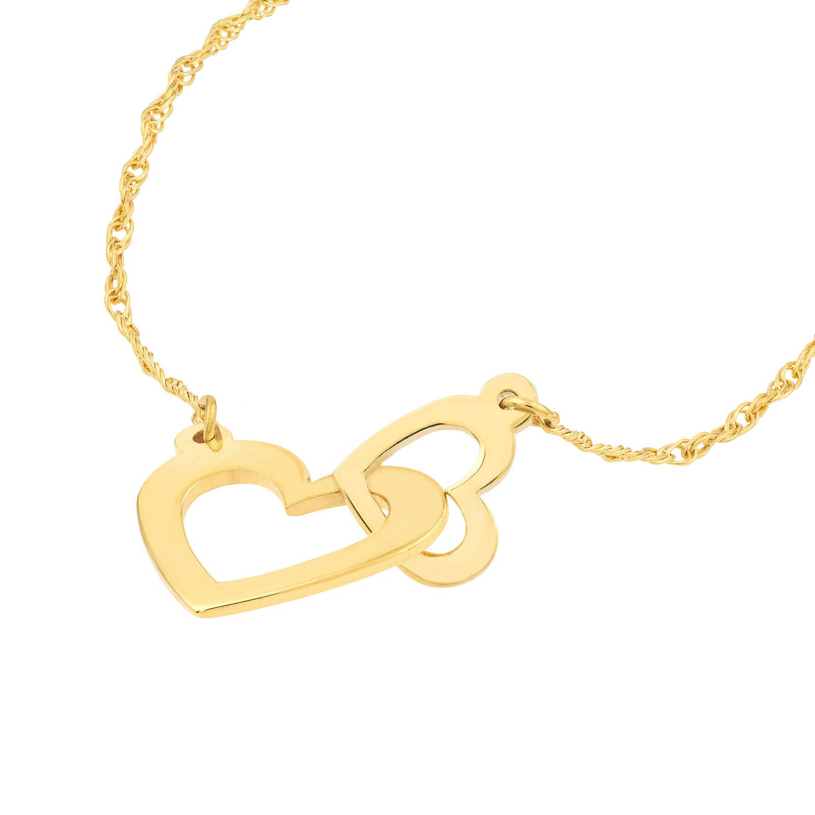 Interlocked Hearts Adjustable Chain Necklace Real 14K Yellow Gold Up to 18″