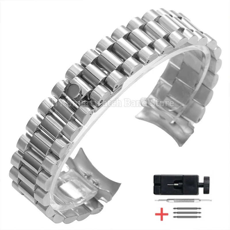 Solid Stainless Steel Strap Bracelet 20MM Curved End President Silver Watch Band
