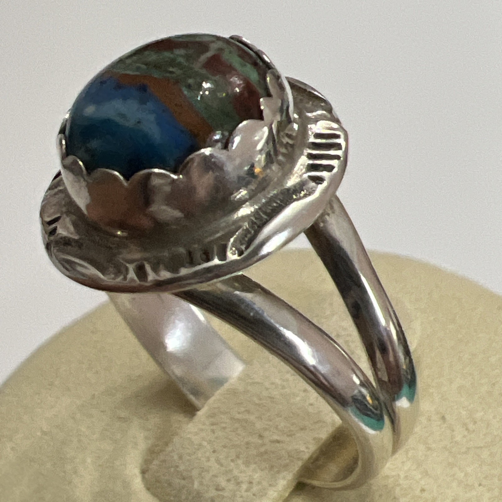 Vintage HT Native American Rainbow Calsilica Ring Sz 8 Sterling Signed Stamped