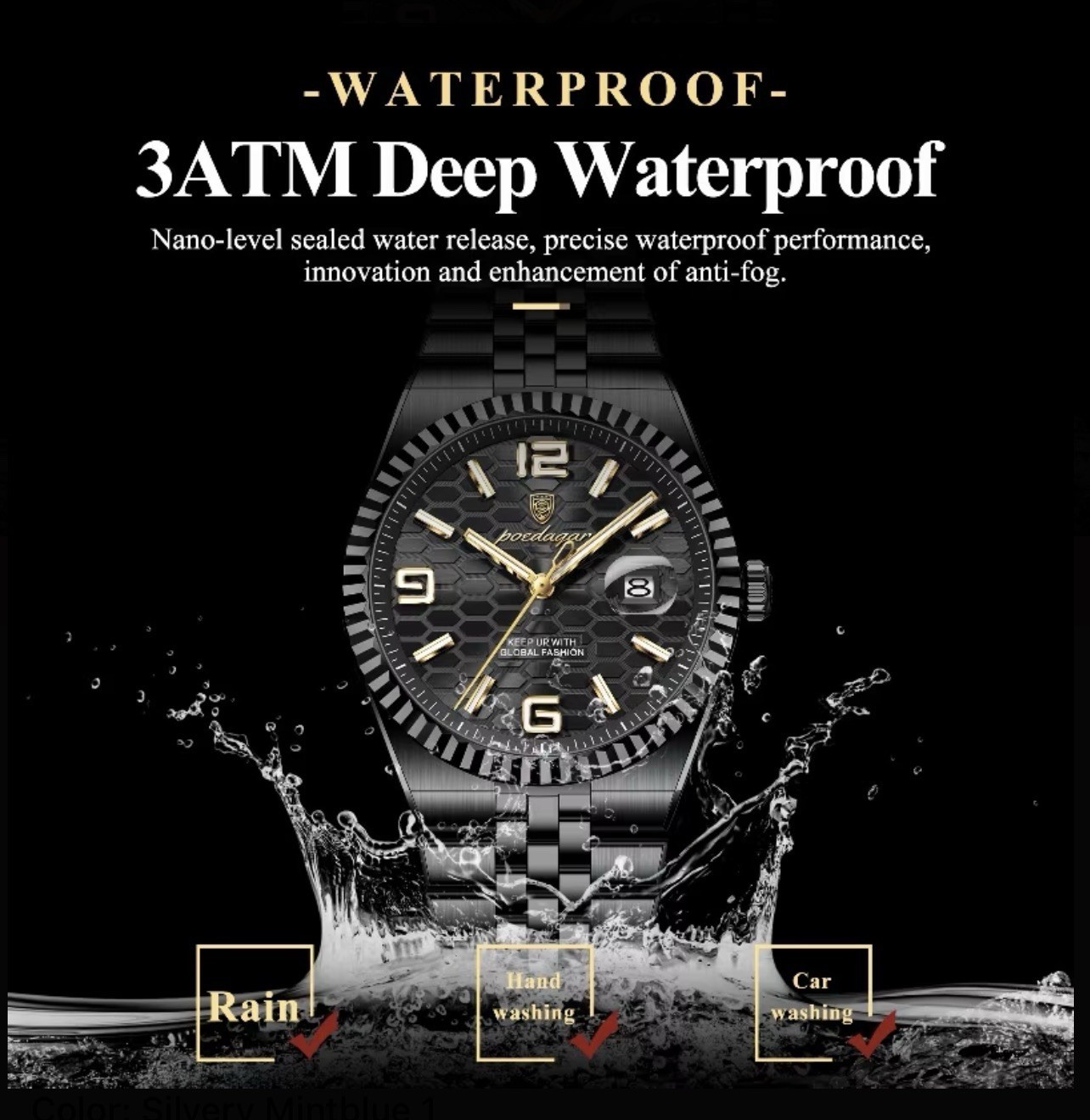 POEDAGAR Men’s Analog Quartz Watch 41mm SS Bracelet 3ATM Luminous Honeycomb