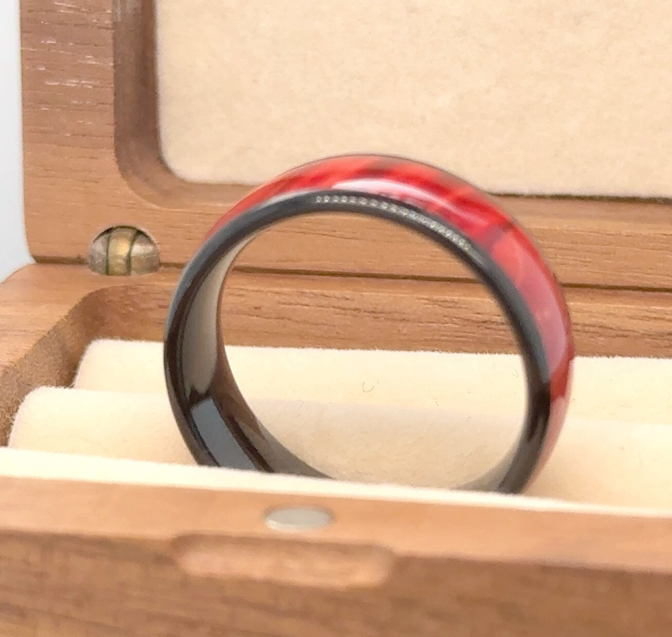 Red Burgundy Color Dyed Wood Inlay Black Tungsten Ring Men’s Wood Wedding Ring
