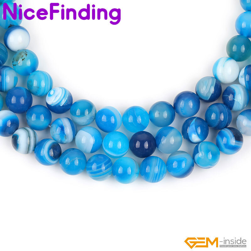 Natural Round Blue Smooth Sardonyx Agate Banded Beads For Jewelry Making 15”