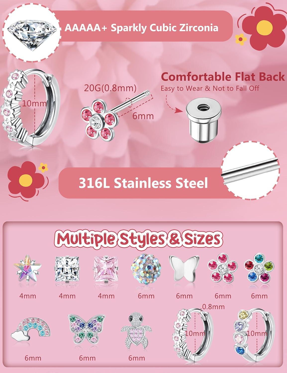 Hypoallergenic Surgical Stainless Steel Earrings for Girls Kids Women – 12 Pair
