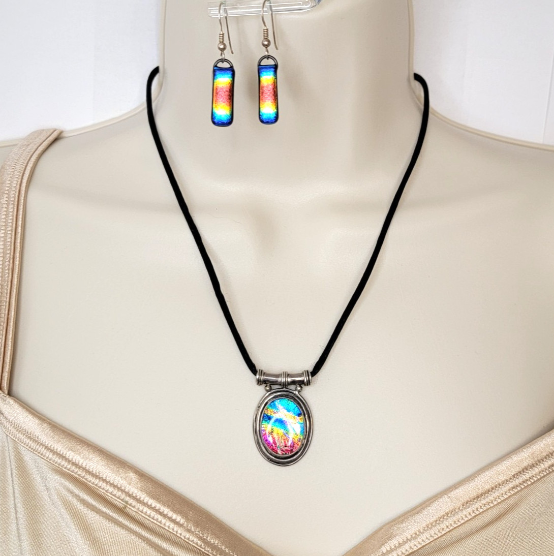 Vintage Rainbow Dichroic Glass Necklace & Earrings, Silver Tone, 18″L Black Silk