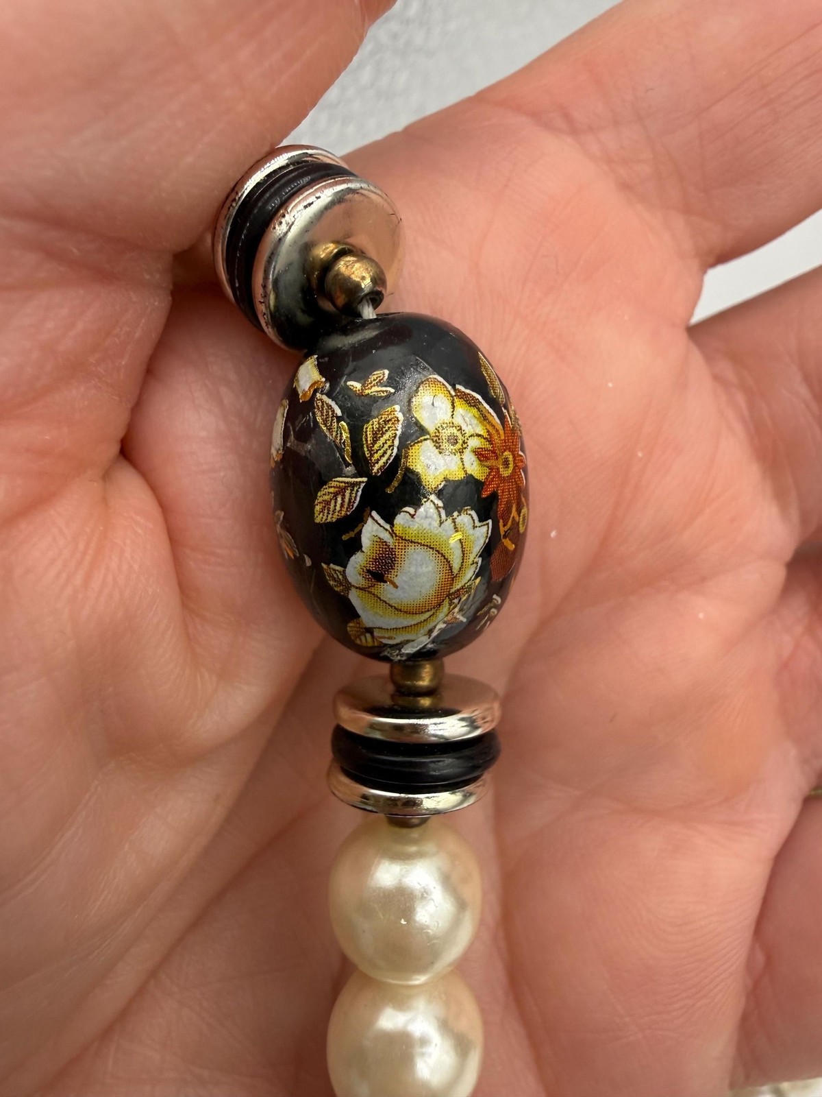 Vintage Faux Pearl Necklace, Black Floral Cloisonné Style Beads, 1980s Statement