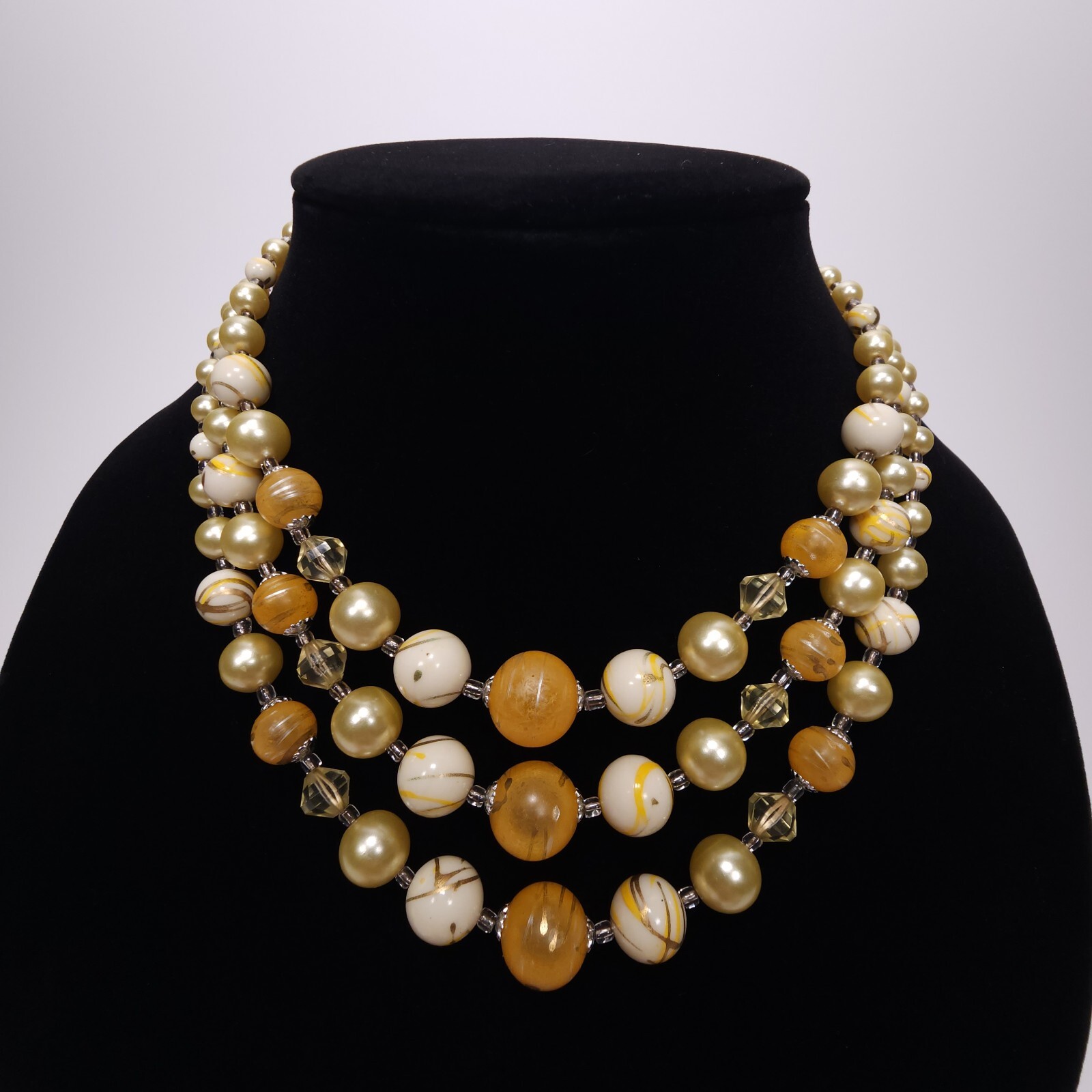 Vintage Beaded Necklace Japan Orange Cream Champagne Swirl Multi Strand Collar