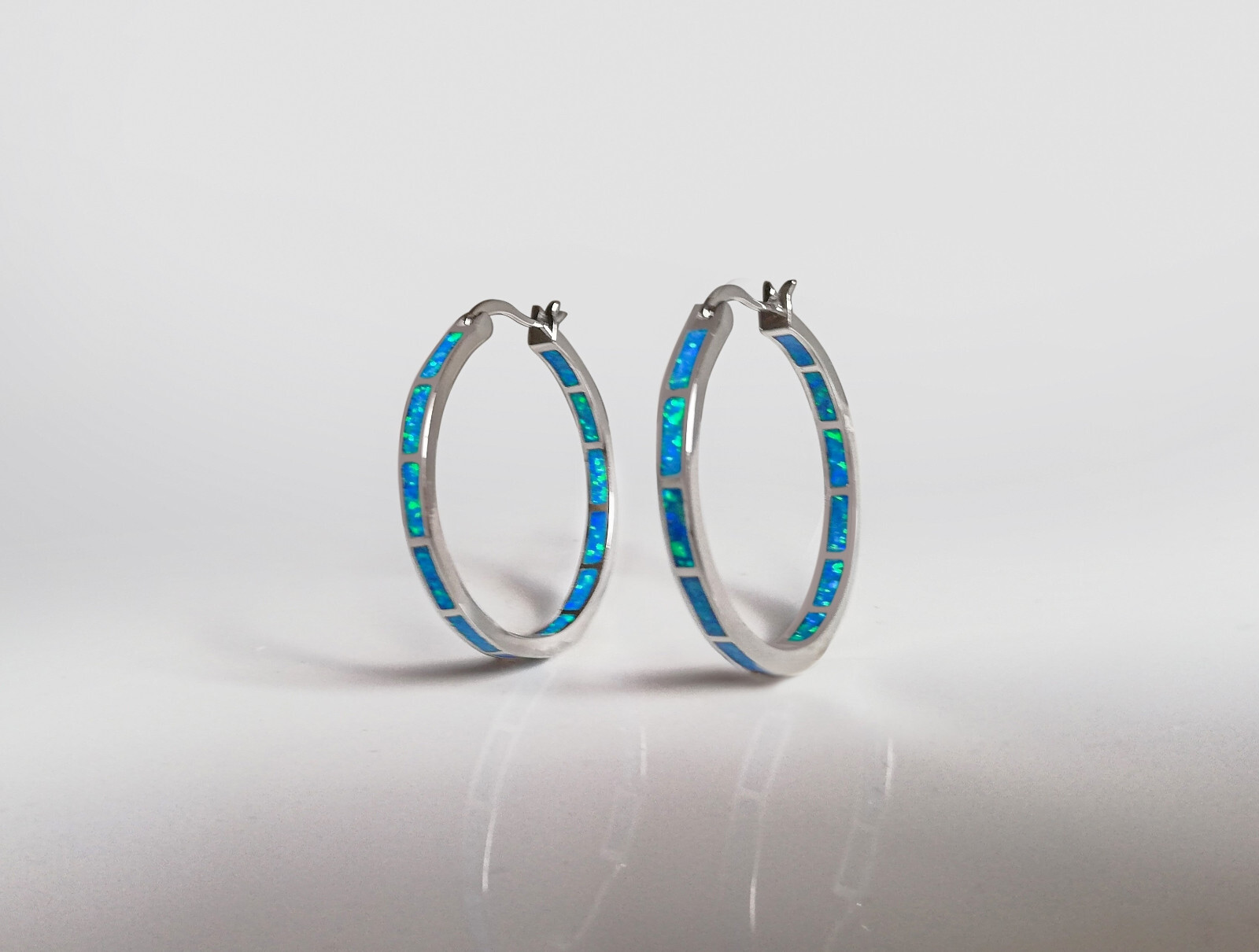 Blue Opal Hoop Earrings Fire Opal Huggies Opal Hoops Silver Stainless Steel Both Sided New