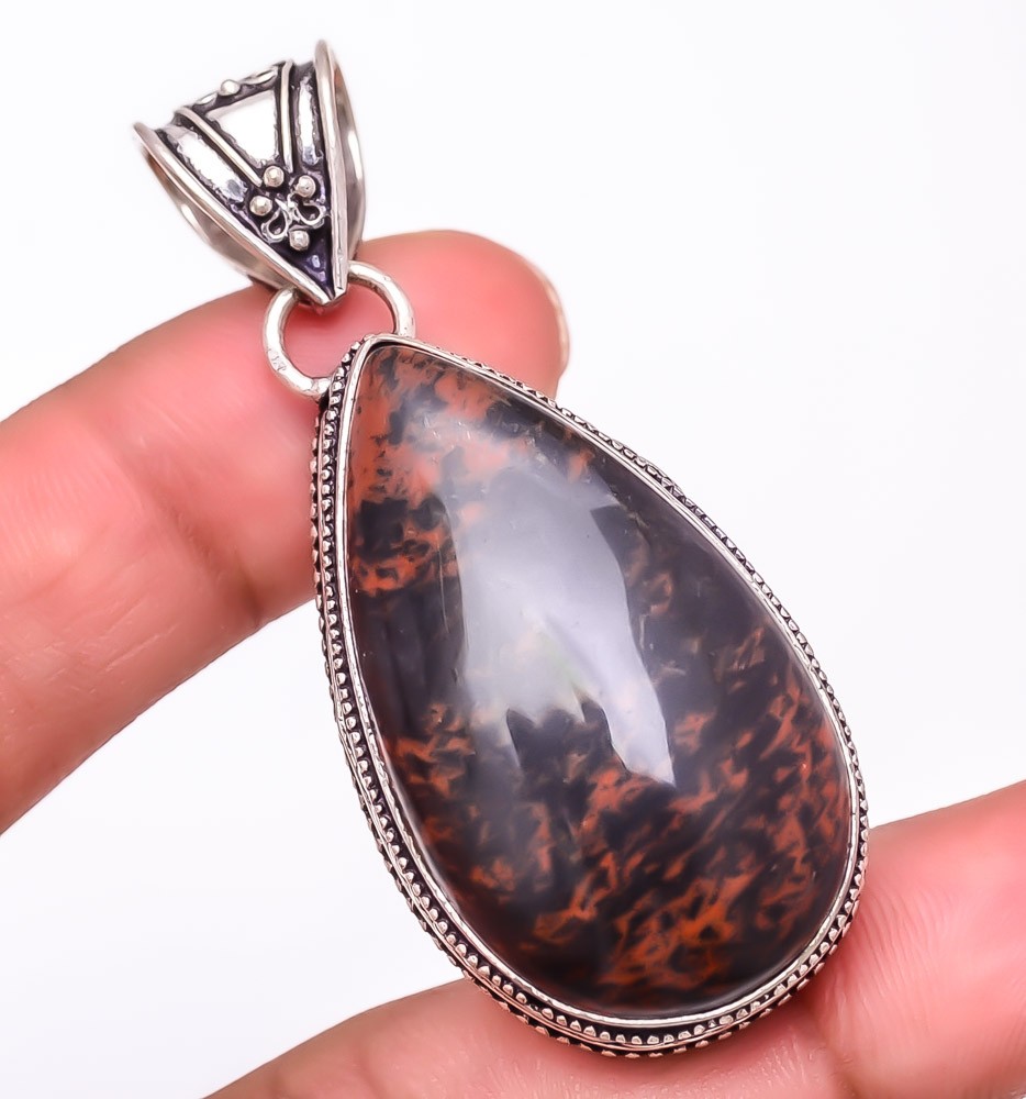 Natural Mahogany Obsidian Gemstone 925 Silver Plated Jewelry Pendant 2.2″ S780