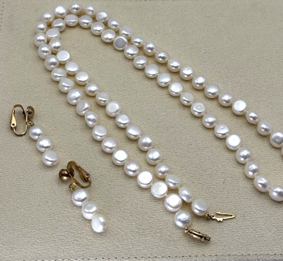 Freshwater Button Pearl Necklace Clip On Earrings Set 14K/20 Gold Filled Clasp