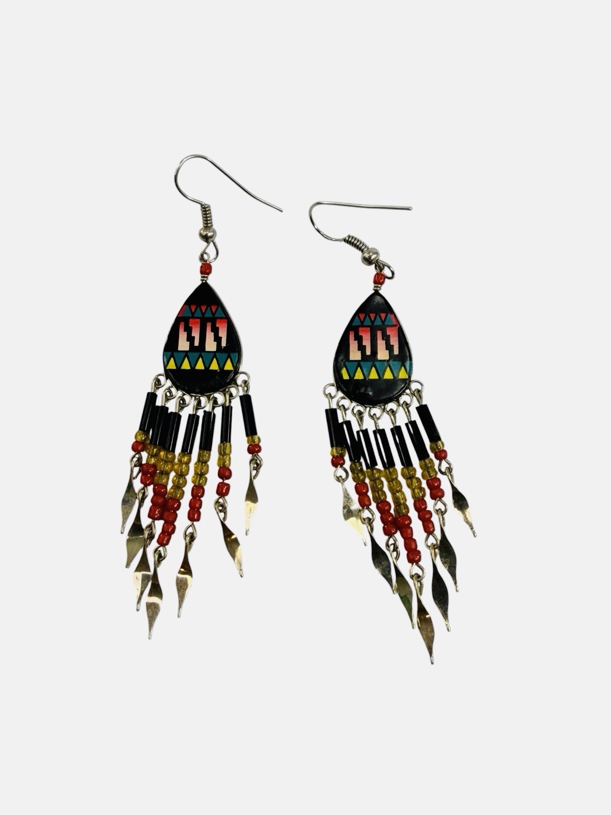 Southwest Boho Beaded Fringe Dangle Drop Hook Earrings Green Red Yellow Silver