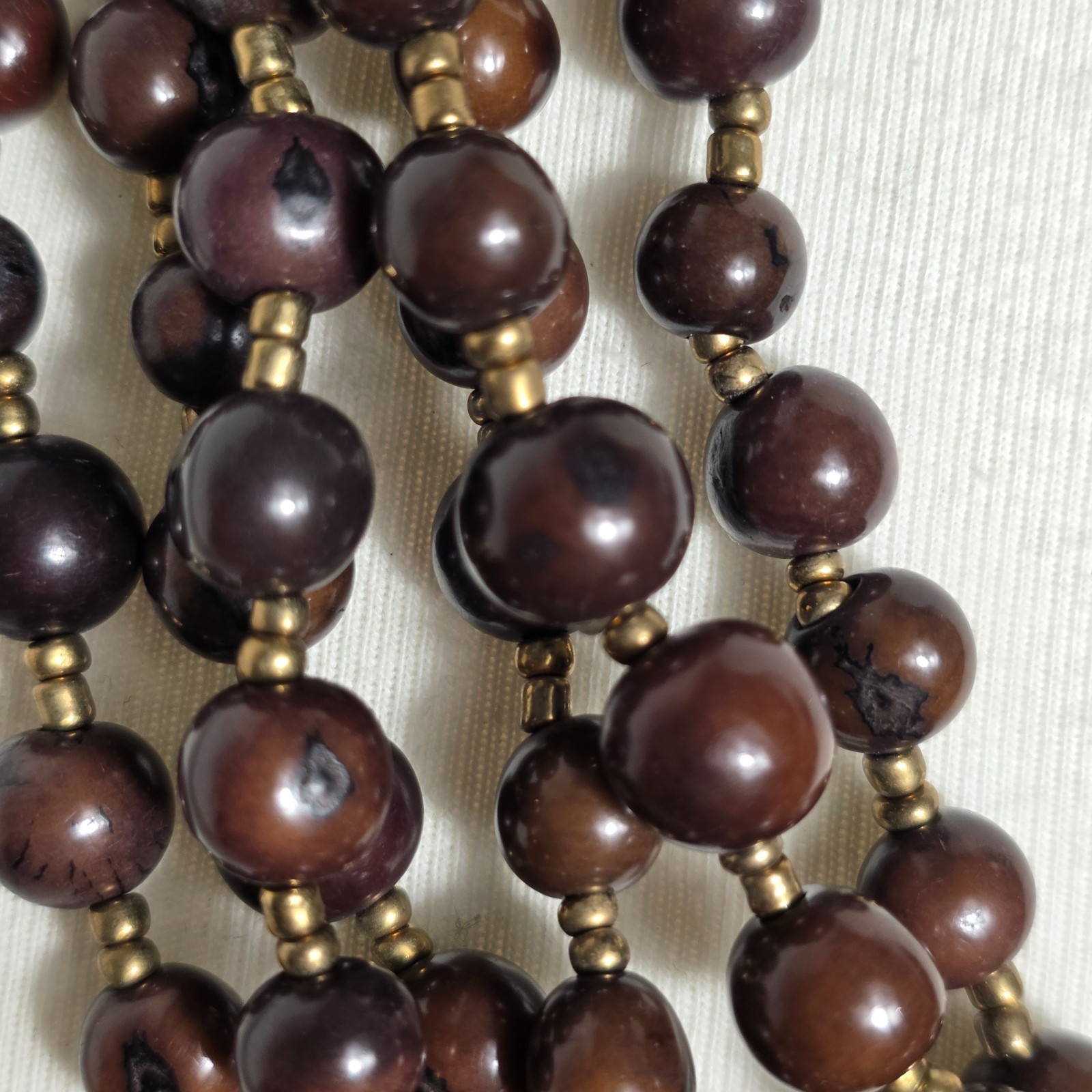 Multi-Strand Brown Acai Seed Bead Necklace with Gold Seed Bead Spacers