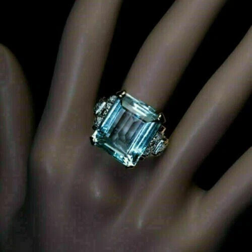 7.20 Ct Emerald Cut Natural Aquamarine & Diamond Wedding Ring 14K Yellow Gold