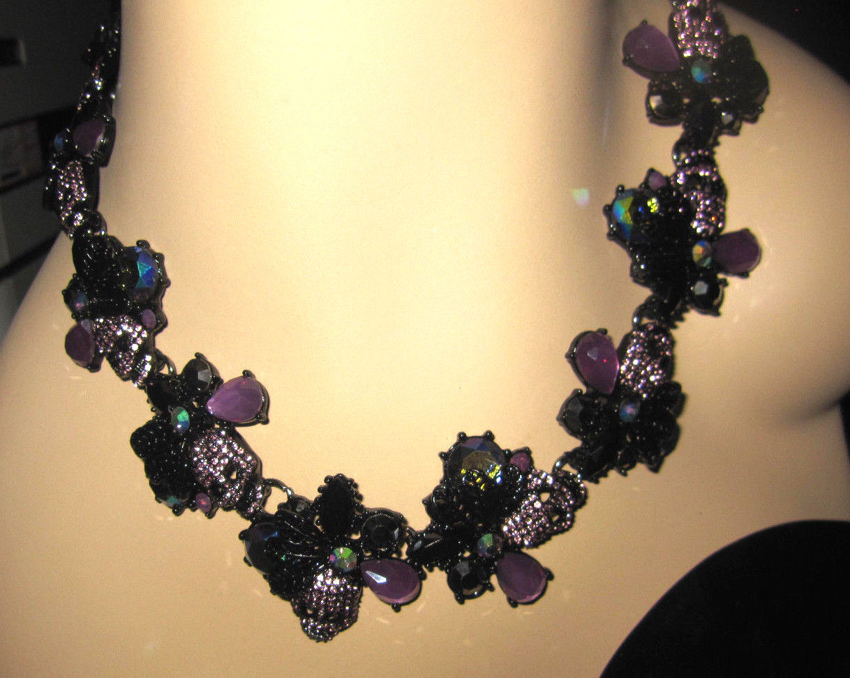 BETSEY JOHNSON DARK MAGIC BLACK WITH BLING SKULLS AND FLOWERS STATEMENT NECKLACE