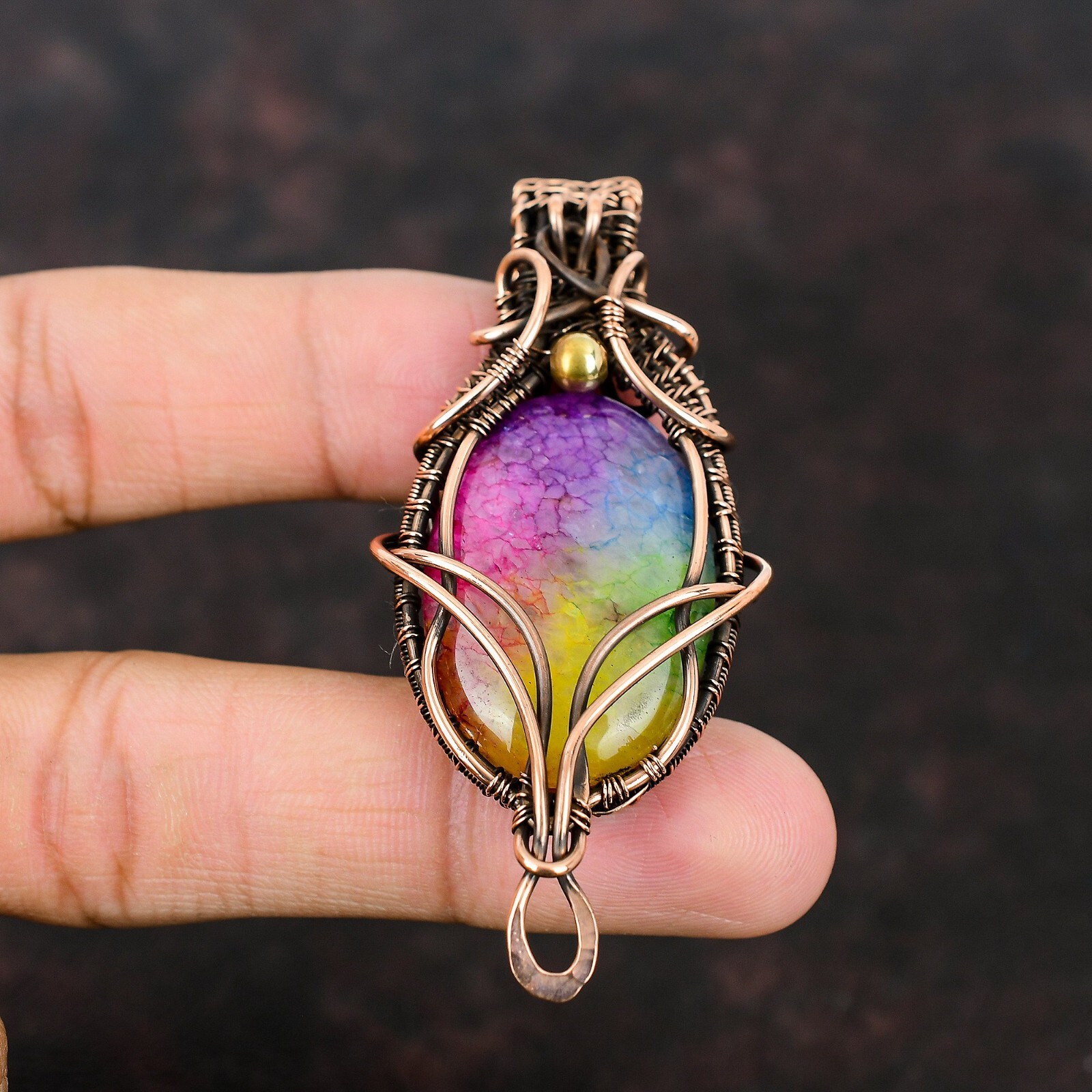 Rainbow Solar Quartz Druzy Jewelry Copper Wire Wrapped Pendant For Girls 2.83″