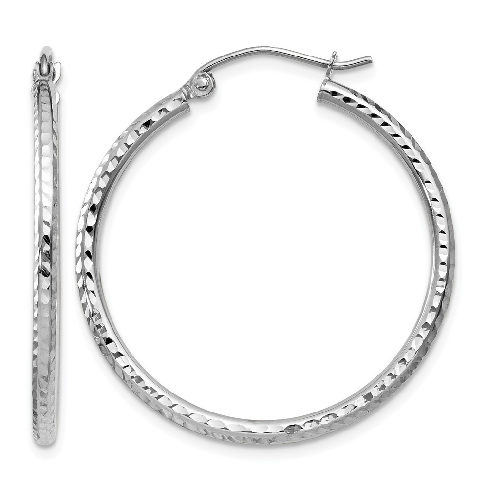 14K White Gold Diamond-Cut Round Tube Hoop Earrings 2mm 0.5-2.4in All Sizes