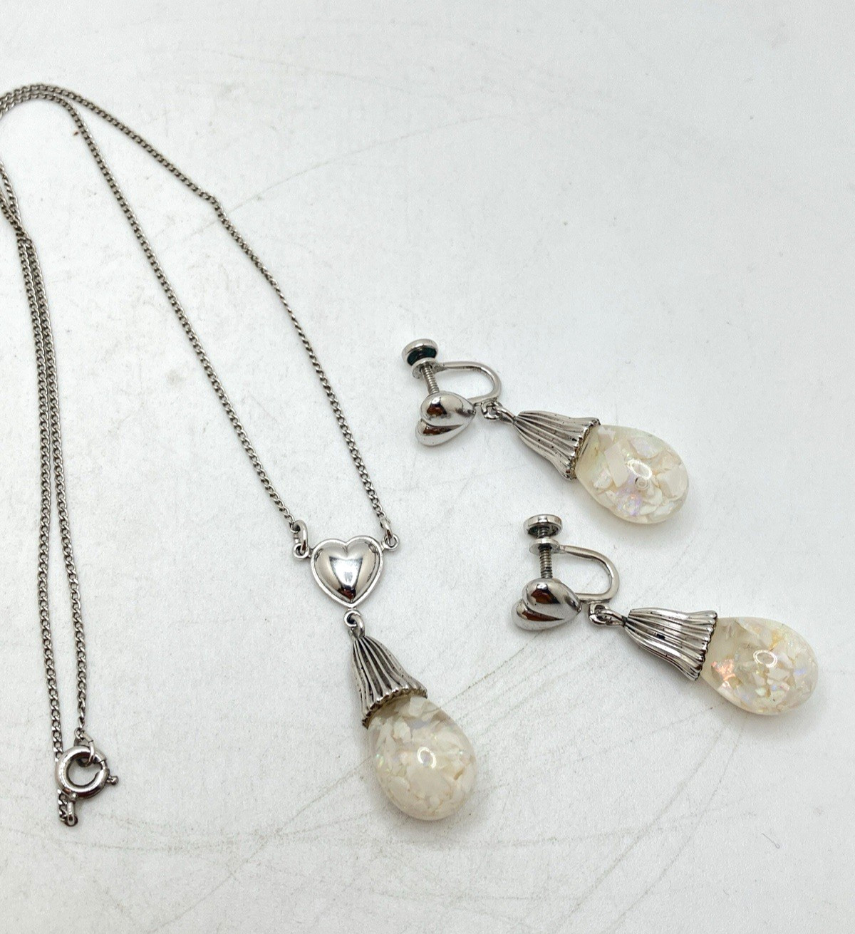 Silver-Toned Opal Flake Amco Earring & Necklace Set