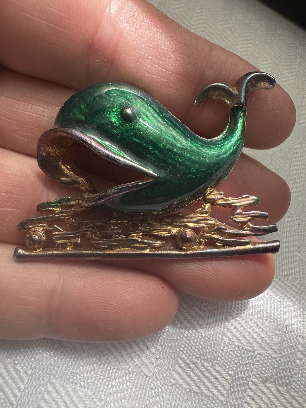 Vintage Enameled Sea Worthy Green Gold Tone Whale Pin Nautical Pin Brooch