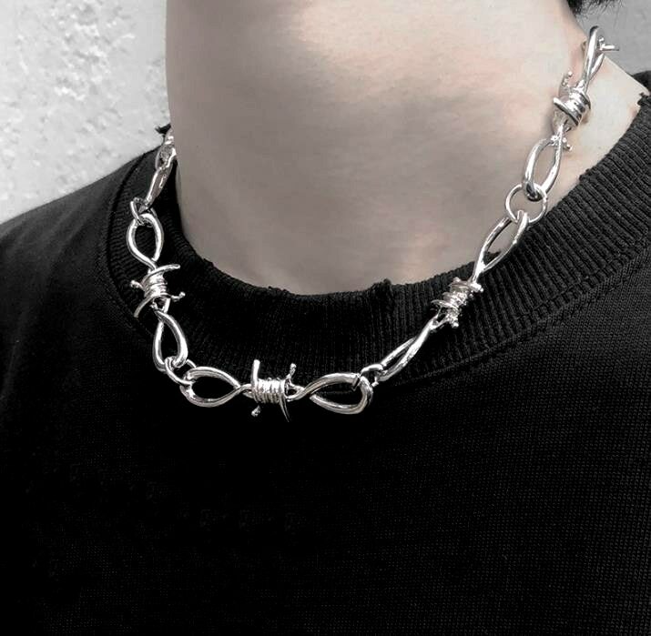 Punk Rock Emo Goth Silver Barbed Wire Chain Necklace – 18 1/2″