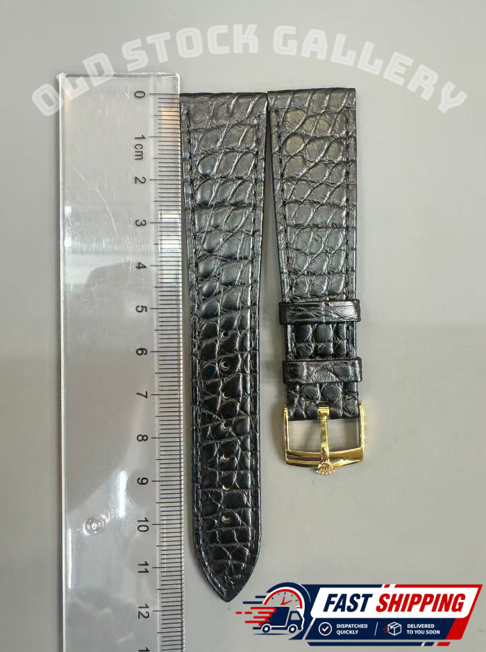 💎ROLEX Black Leather Crocodile Band 20/16mm With Rolex Crown Buckle Gold NOS
