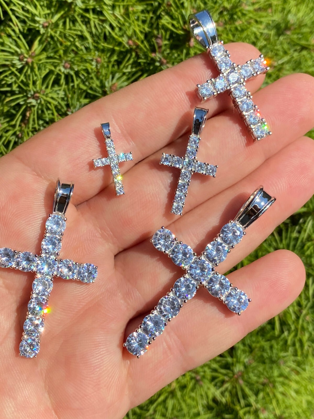 Solid 925 Sterling Silver Tennis Cross Pendant Simulated Diamonds Men’s Ladies’