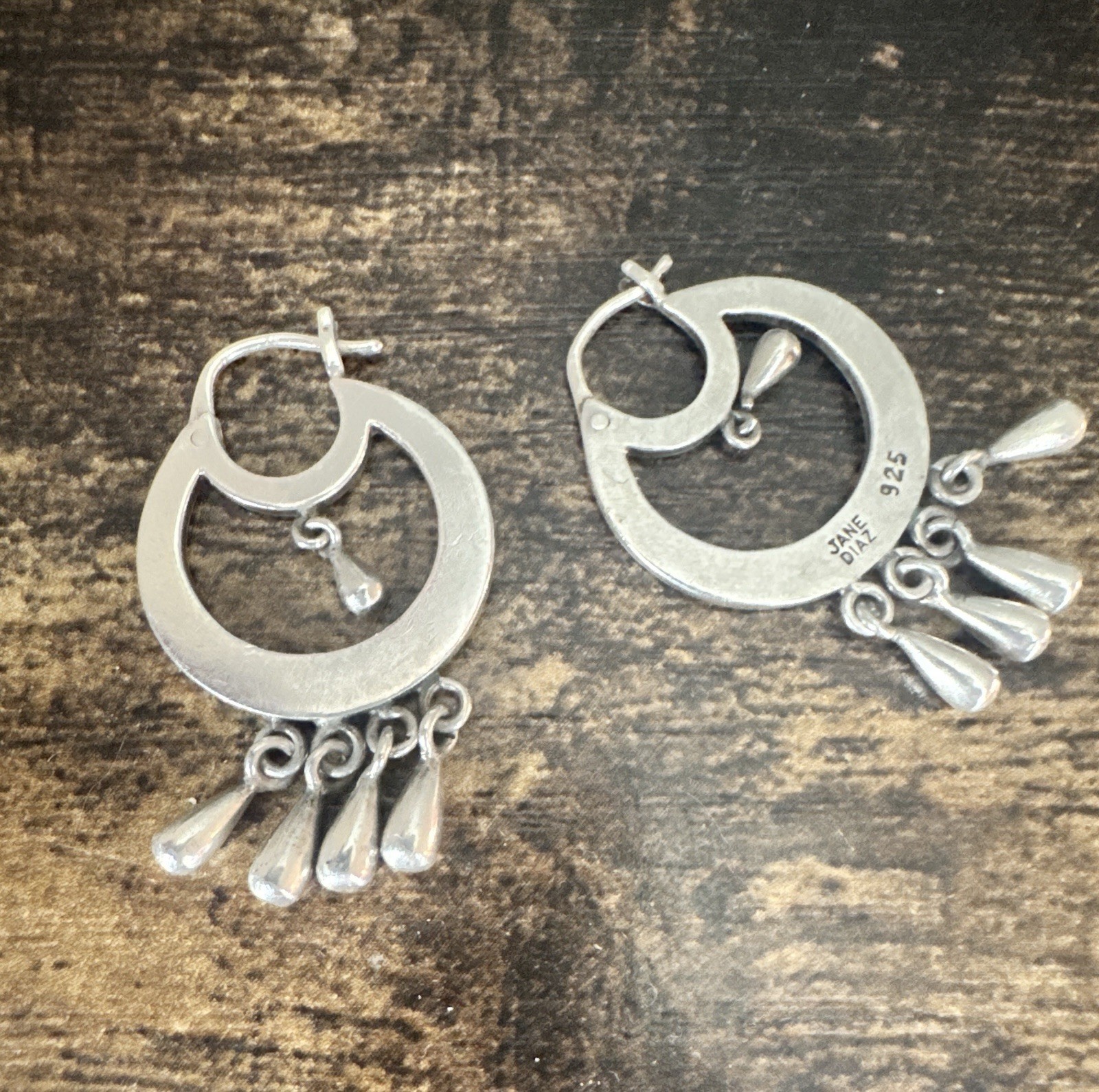 Jane Diaz 925 Sterling Frida Kahlo Hoop Earrings with Solid Tear Drop Dangles
