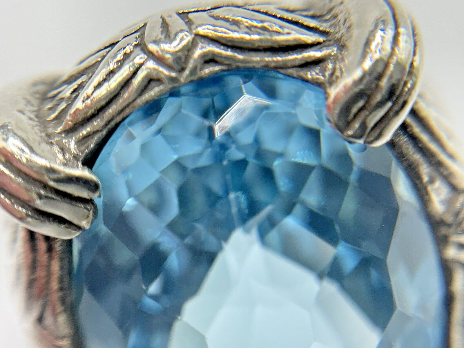 Stephen Dweck Faceted Blue Topaz Ring in Engraved Sterling Silver