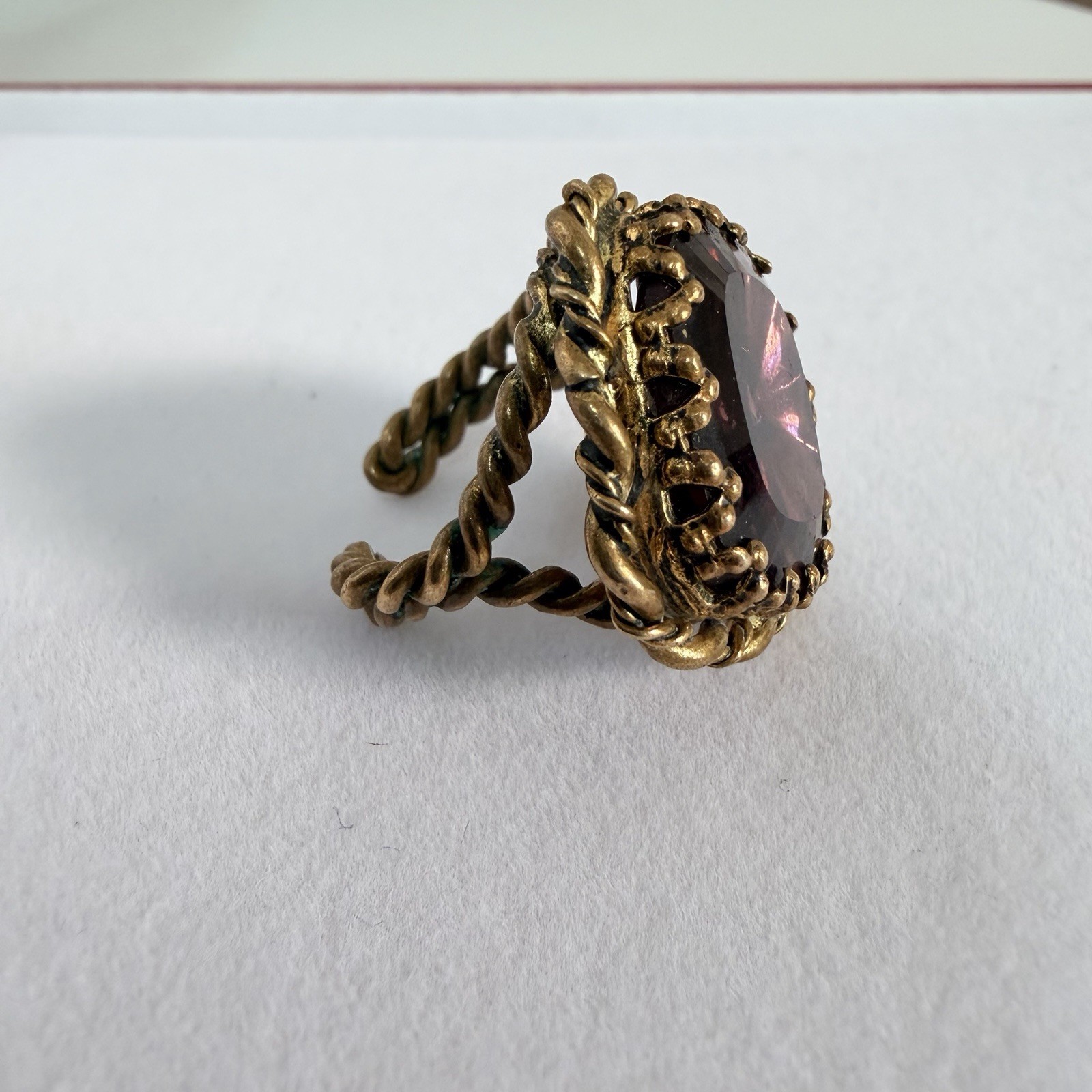 VTG West Germany Purple Porphyry Slag Glass Twisted Brass Shank Adjustable Ring