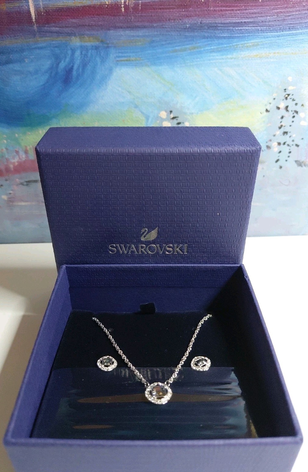 NEW AUTHENT SWAROVSKI SET Una Angelic Necklace Pendant/Earrings Blackish Stone