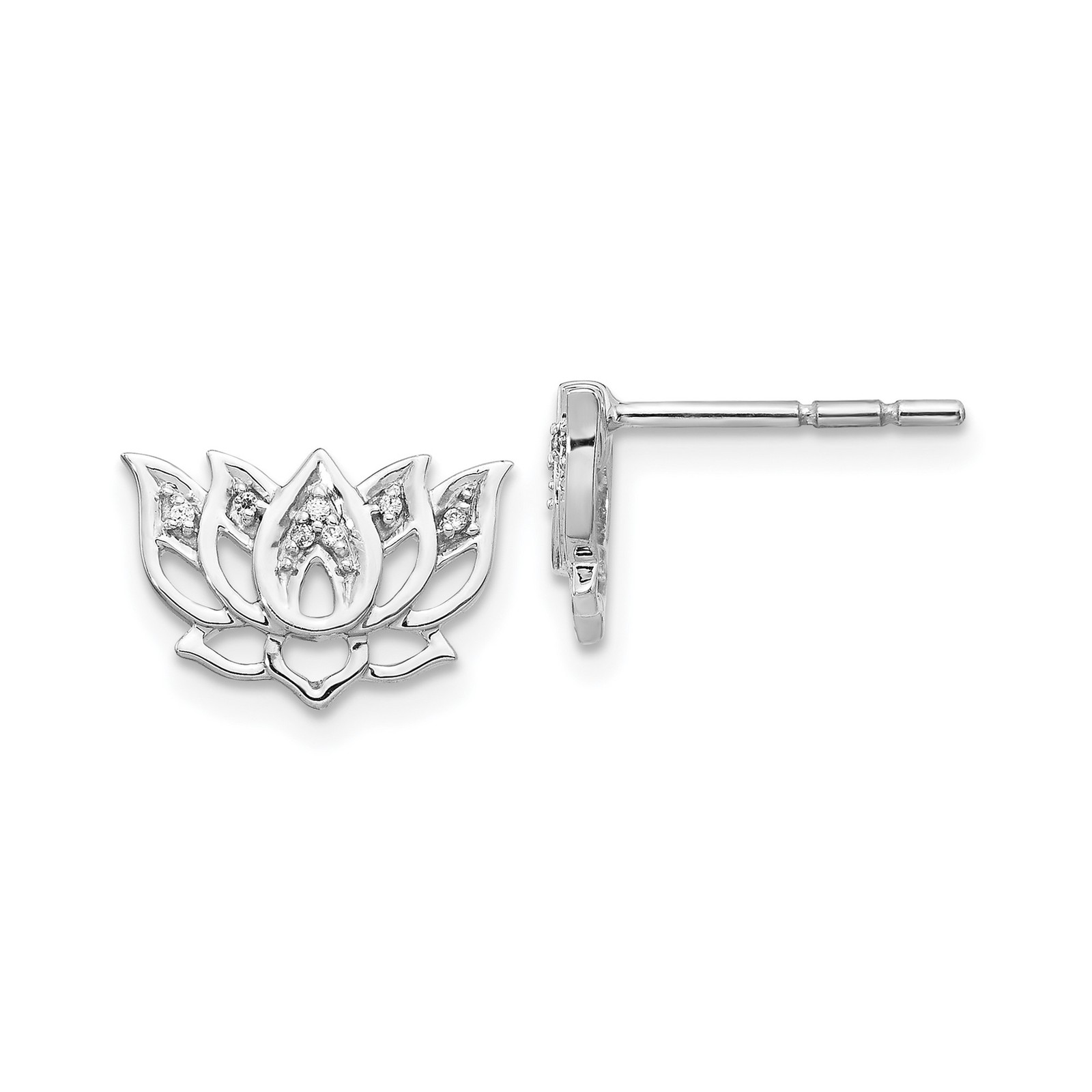 14k White Gold Natural Diamond Lotus Flower Post Earrings Push Back 12mm