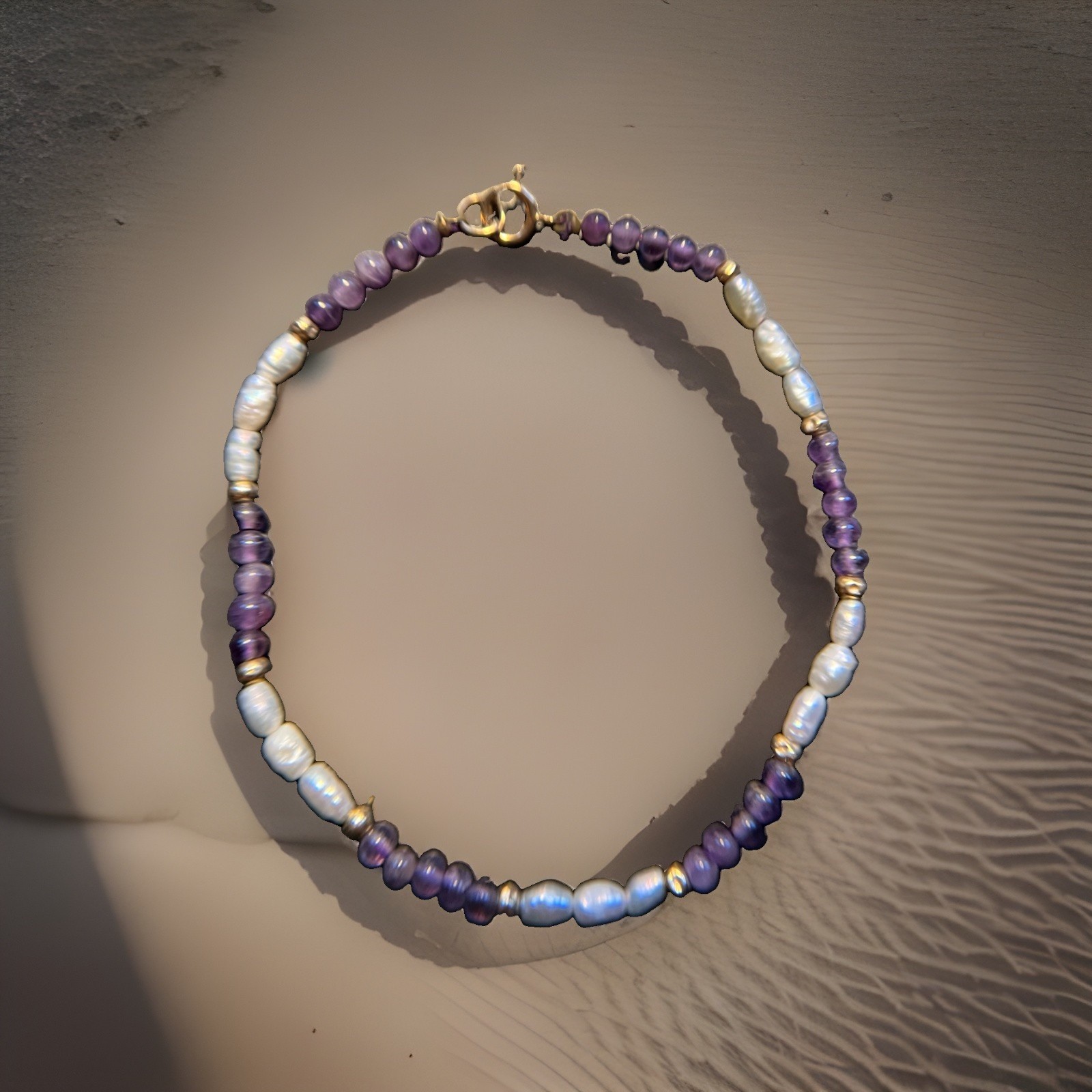 Women’s Bracelet Amethyst Freshwater Pearls 14K Gold Beads And Clasp 7.25 in
