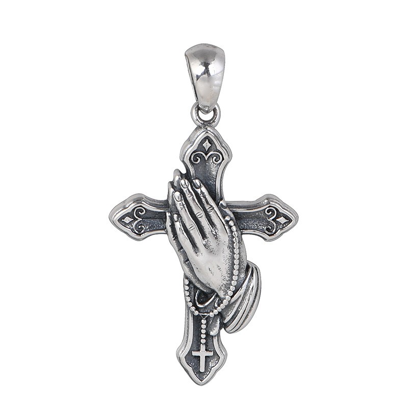 S925 Sterling Silver PRAYING HANDS CROSS Pendant REVERSIBLE Rosary Gothic Mens