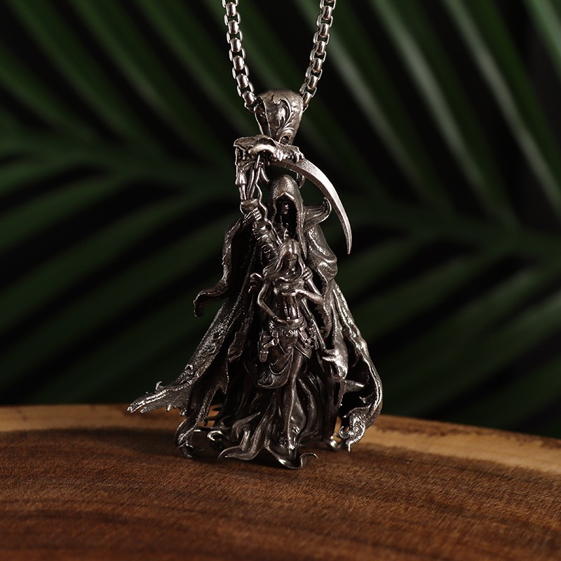 Gothic Grim Reaper Scythe Skull Pendant Necklace Men Punk Biker Halloween Gift