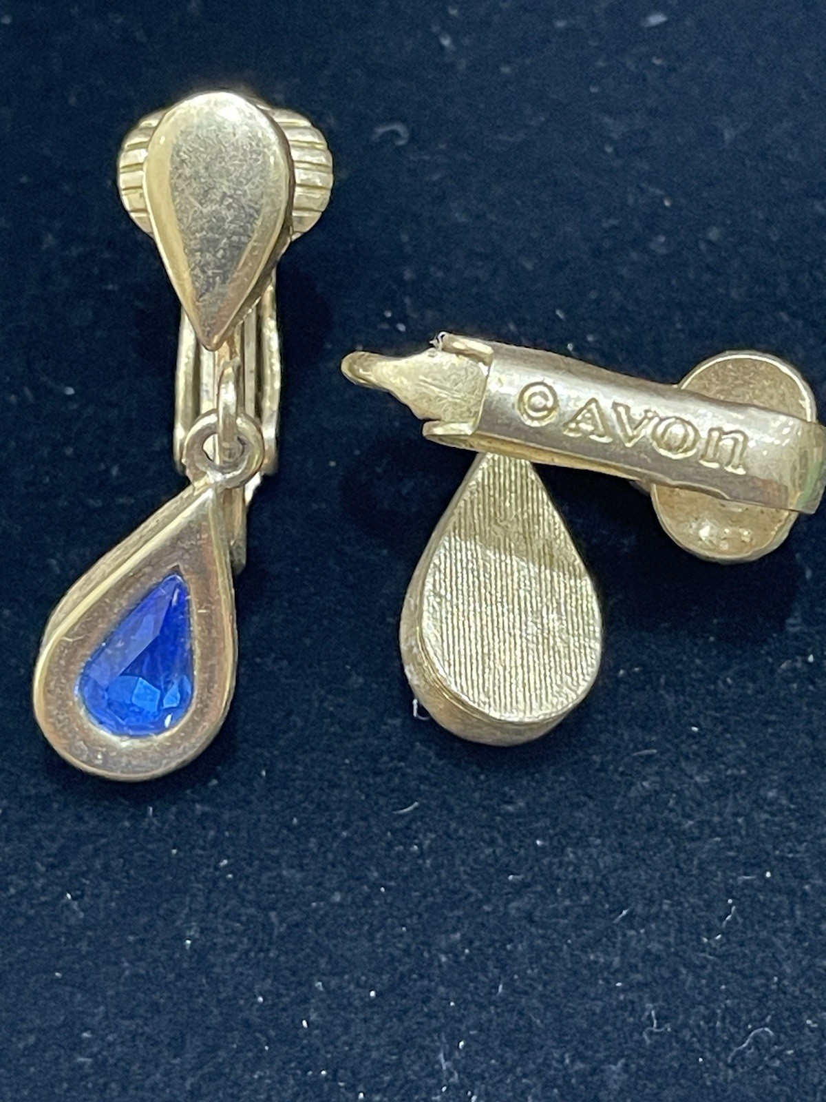 Vintage Avon Sapphire Crystal Drop Golden Clip On Earrings September Birthstone