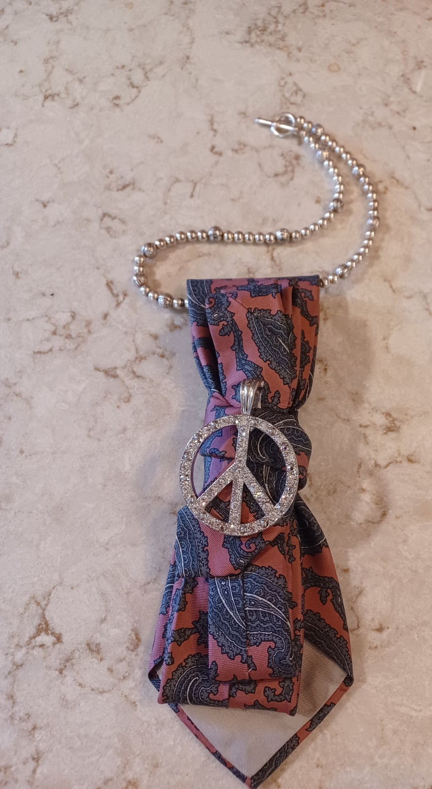 Handcrafted Necktie Necklace Silver Diamond Rhinestone Peace Sign Pendant