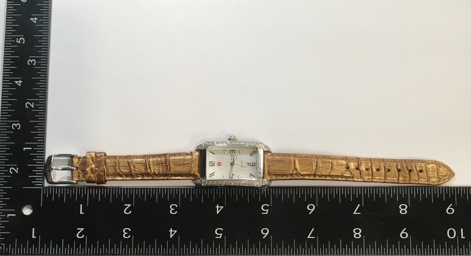 Michele Diamond Milou Park Rectangle Watch Gold Strap Mother of Pearl