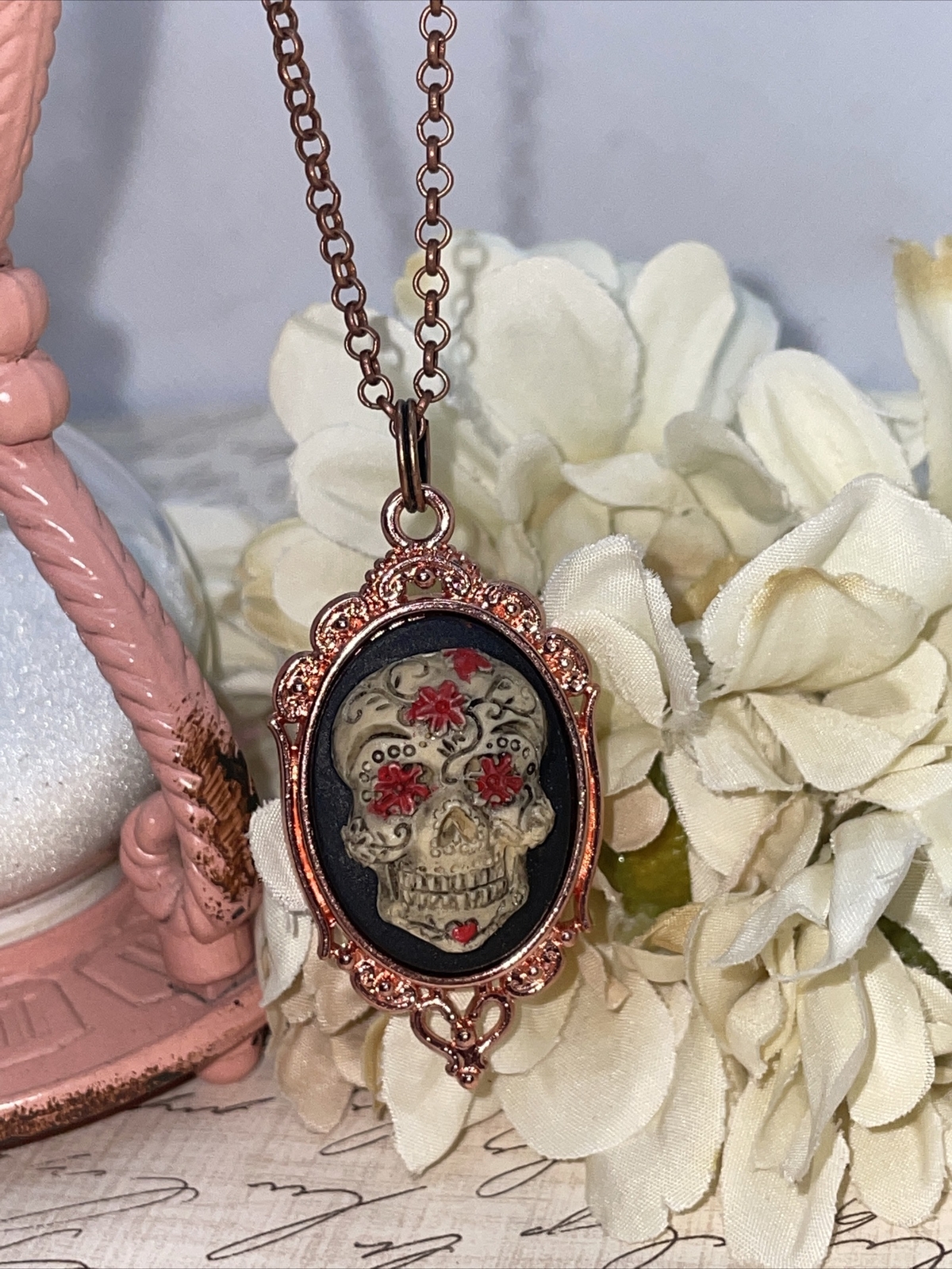 Sugar Skull Gothic Heart Wedding Rose Gold Party Birthday gift necklace Cameo