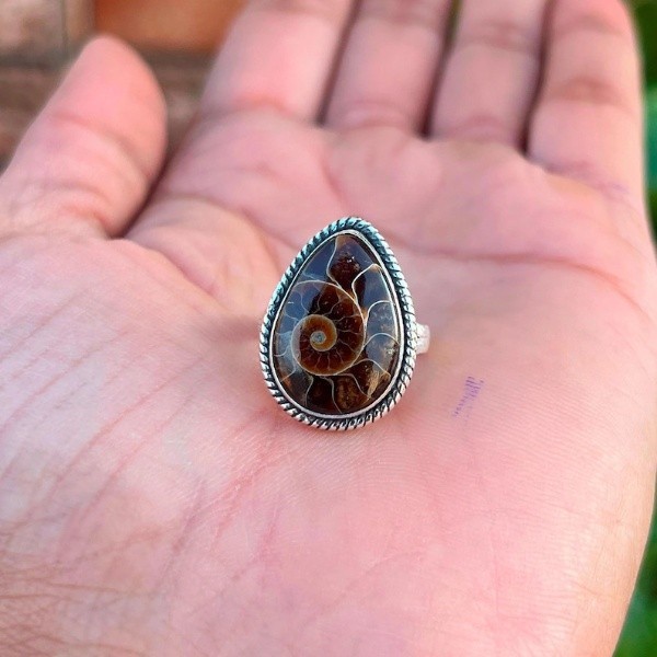 Solid 925 Silver Ammonite Fossil Ring Handmade Statement Ring All Size SR762
