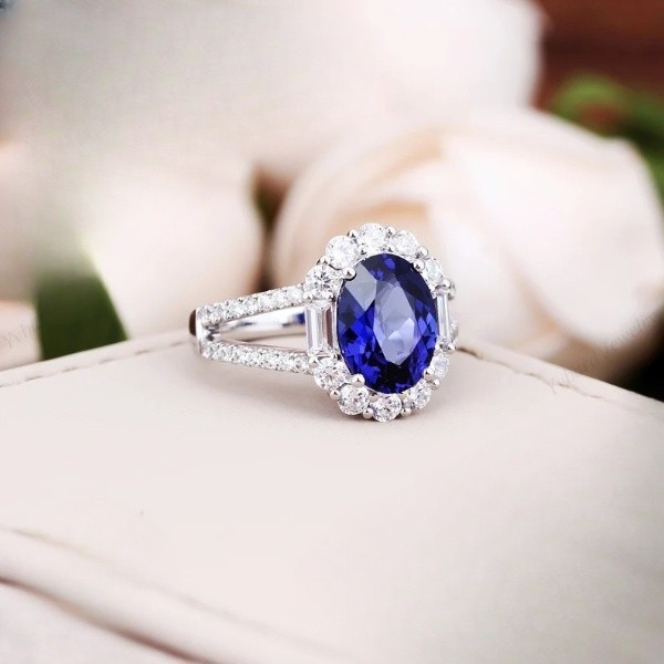 3.60 Ct Oval Natural Sapphire & Diamond Wedding Ring 14K White Gold Size 7