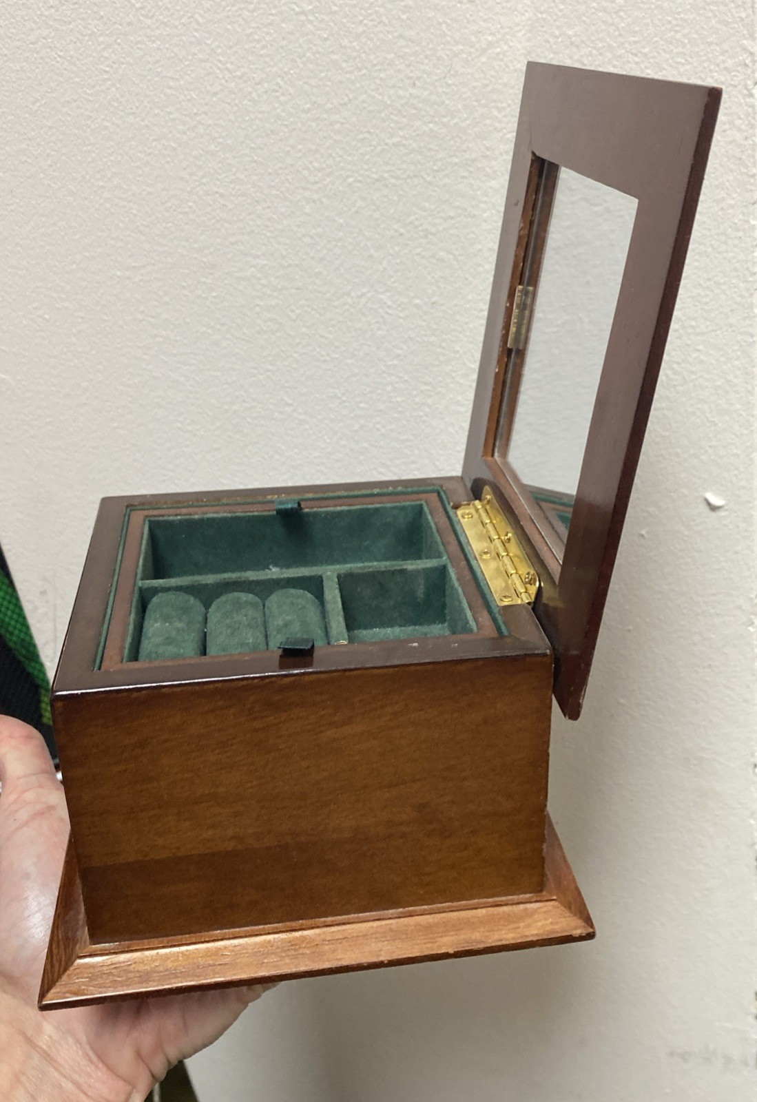Wooden Jewelry Box 6x6x4″ Hinged Lid Two Levels Mirror Green Velvet Interior