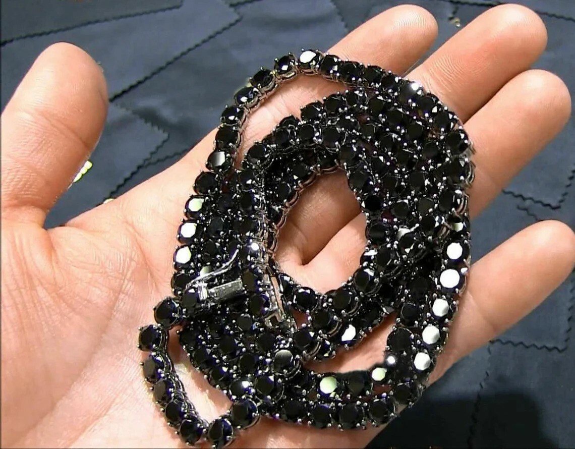 Unisex Black Diamond Tennis Necklace 18″ Inches In 925 Sterling Silver Certified