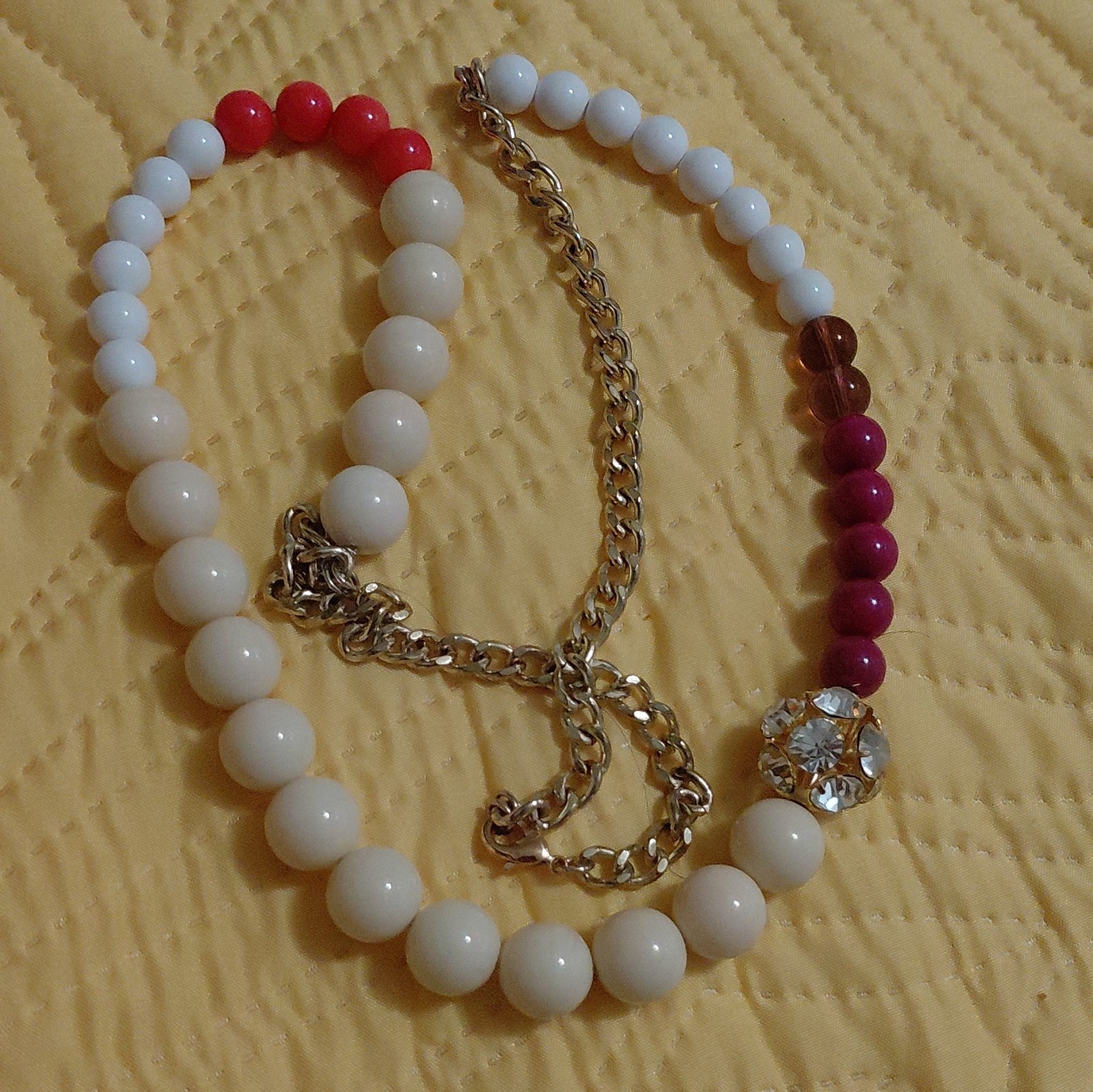Beaded Necklace White Red Purple Gold Tone Cable Chain Rhinestone Accent