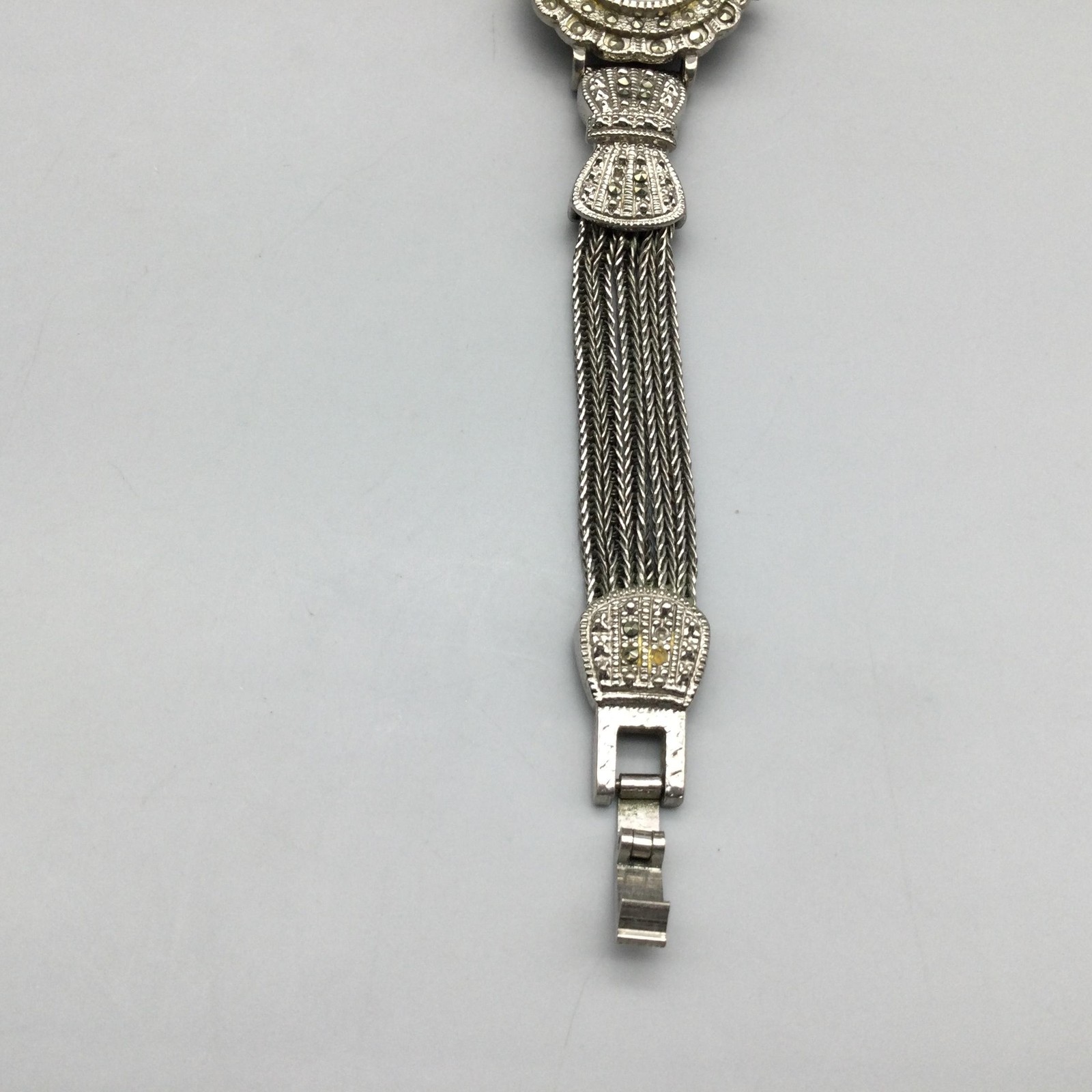 Mayfair Womens Watch 27mm White MOP Dial Silver Tone Marcasite New Battery 7.25″