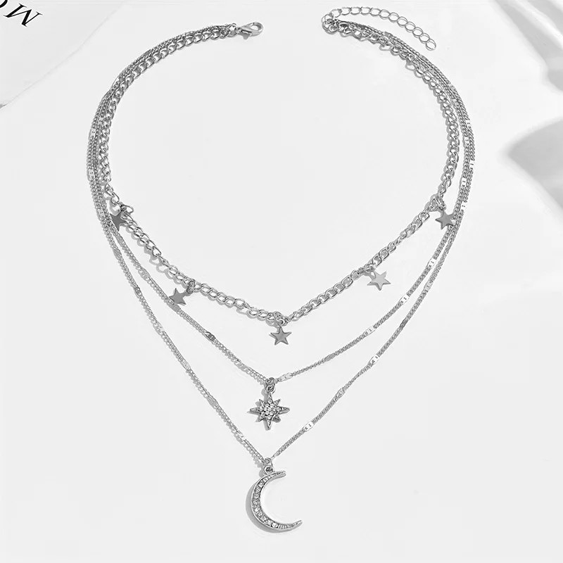 Bohemian Layered Star Moon Necklace for Women Gold Plated Chain with Rhinestone