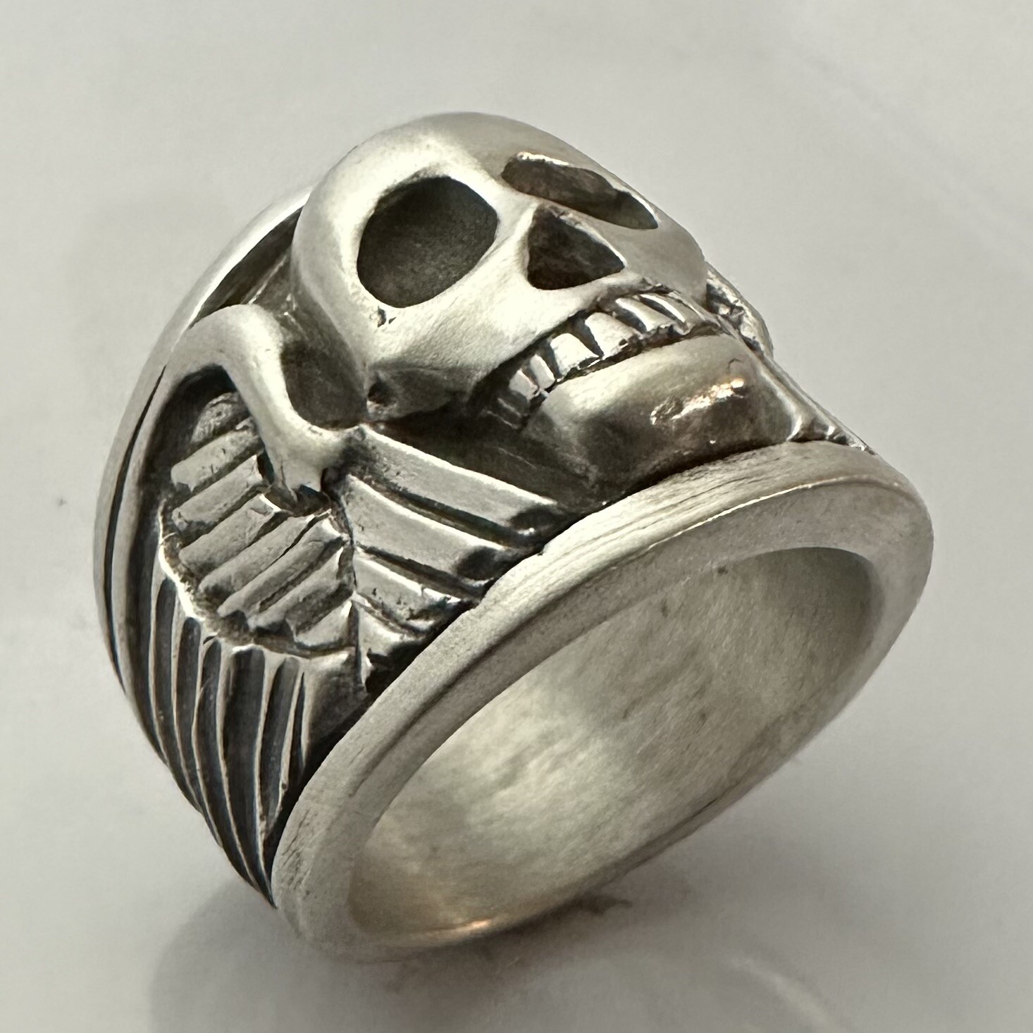 MJG STERLING SILVER WINGED SKULL RING @ 37 GR. Size 11 1/2. BIKER. GUITAR PLAYER